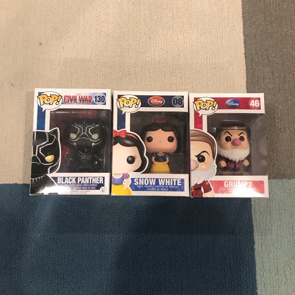 Funko Pop! Black Panther, Snow White, and Grumpy Figures